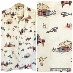 Sonoma Button Down Shirt Mens MEDIUM Linen Blend Novelty Print Western Cowboy